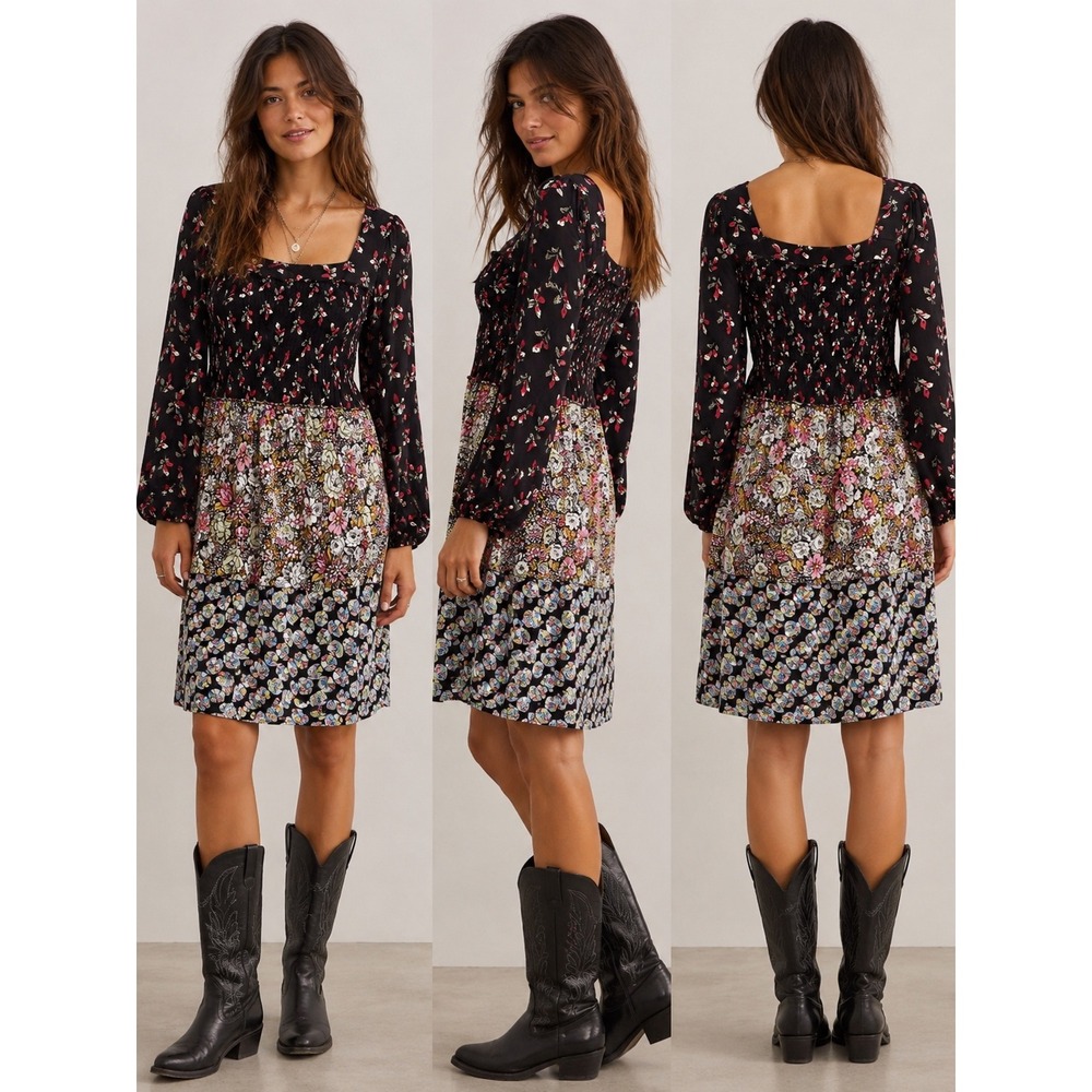 Vicky Tiel Womens Mixed Floral Print Smocked Square Neck Rayon‎ Dress Black Sz M